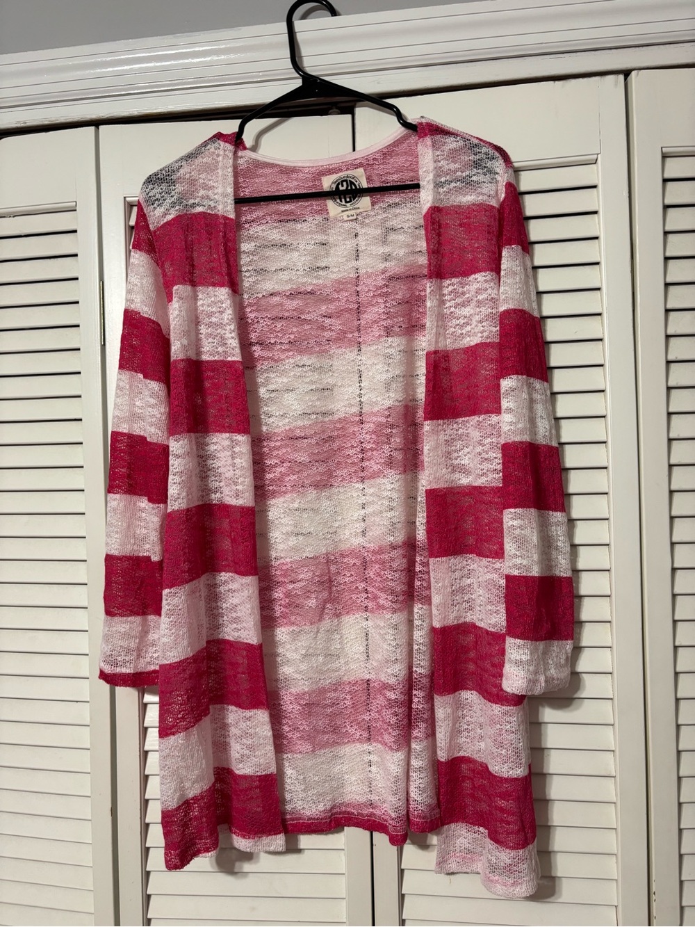 Striped Open-Front Pink and White Women’s Cardigan Sweater